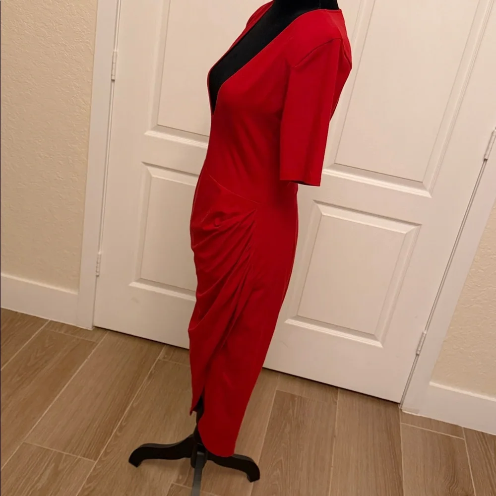 Fleur du Mal Red Deep Plunge Midi Dress with Side Ruching - Picture 10 of 13